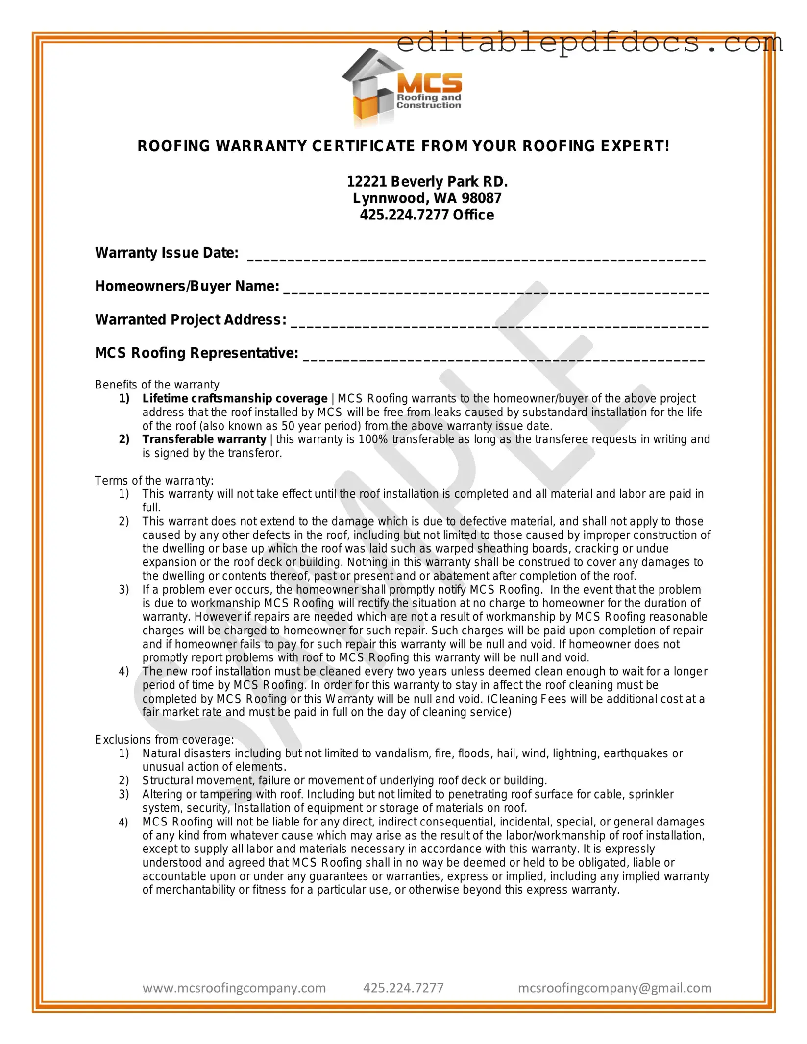 Fill a Valid Roofing Warranty Certificate Template