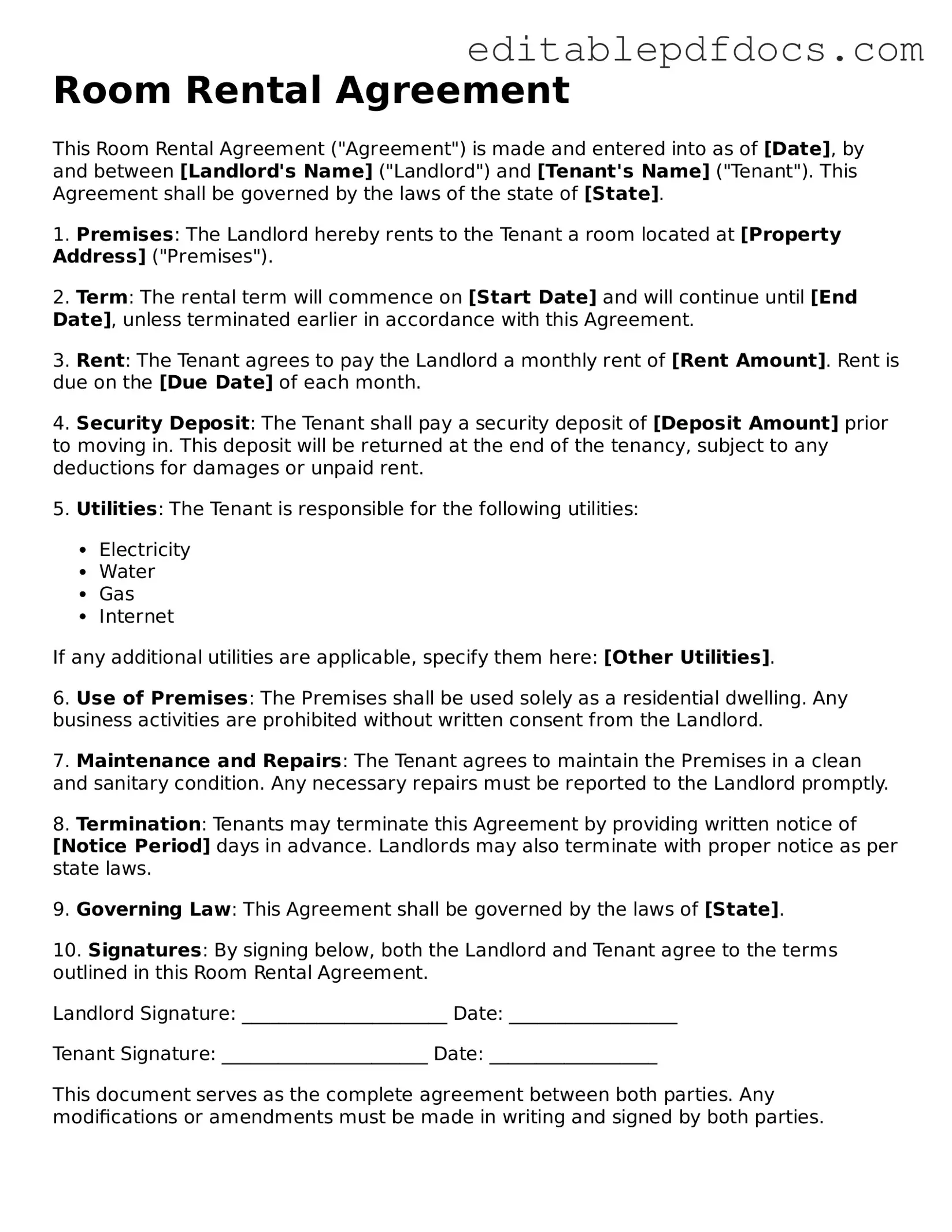 Free Room Rental Agreement Document