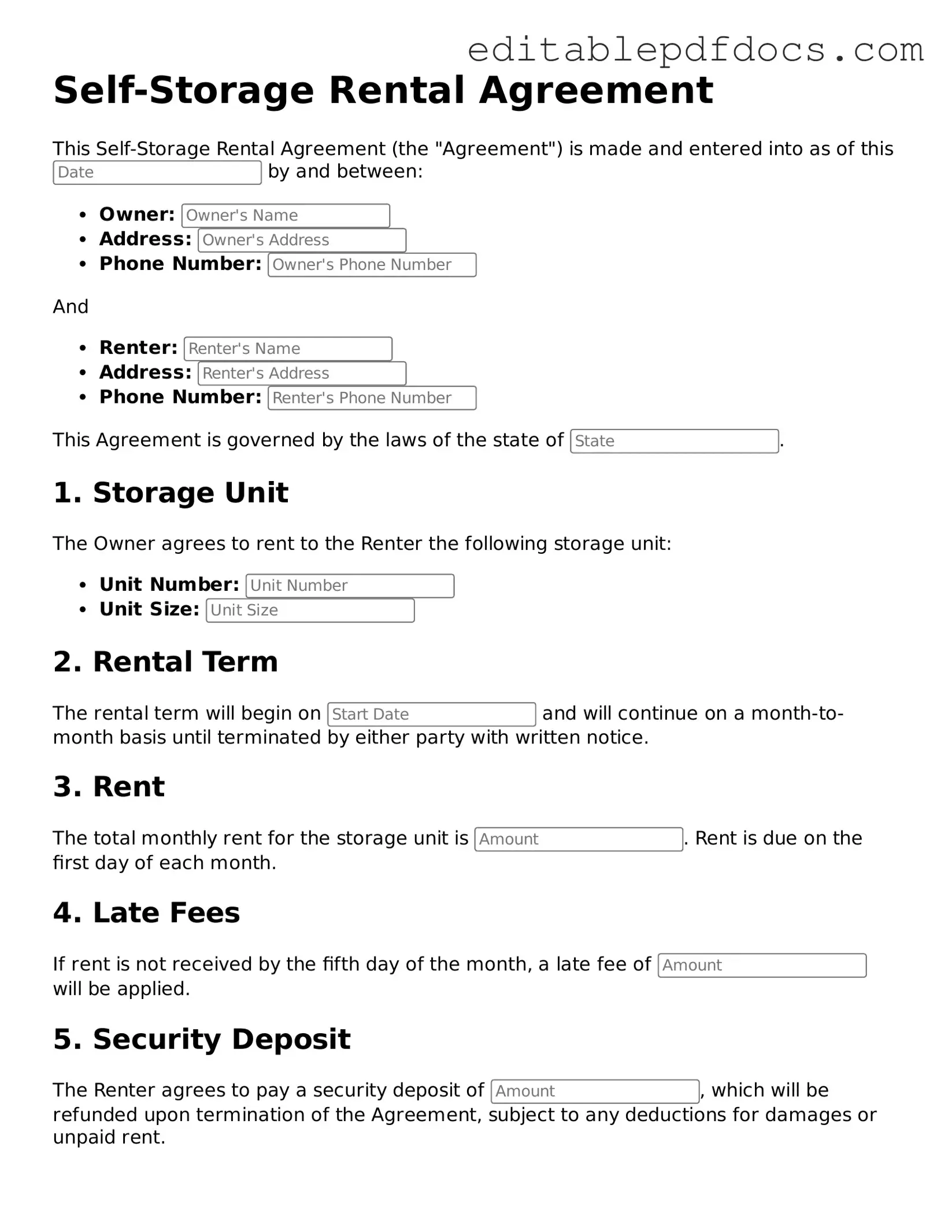 Free Self-Storage Rental Agreement Document