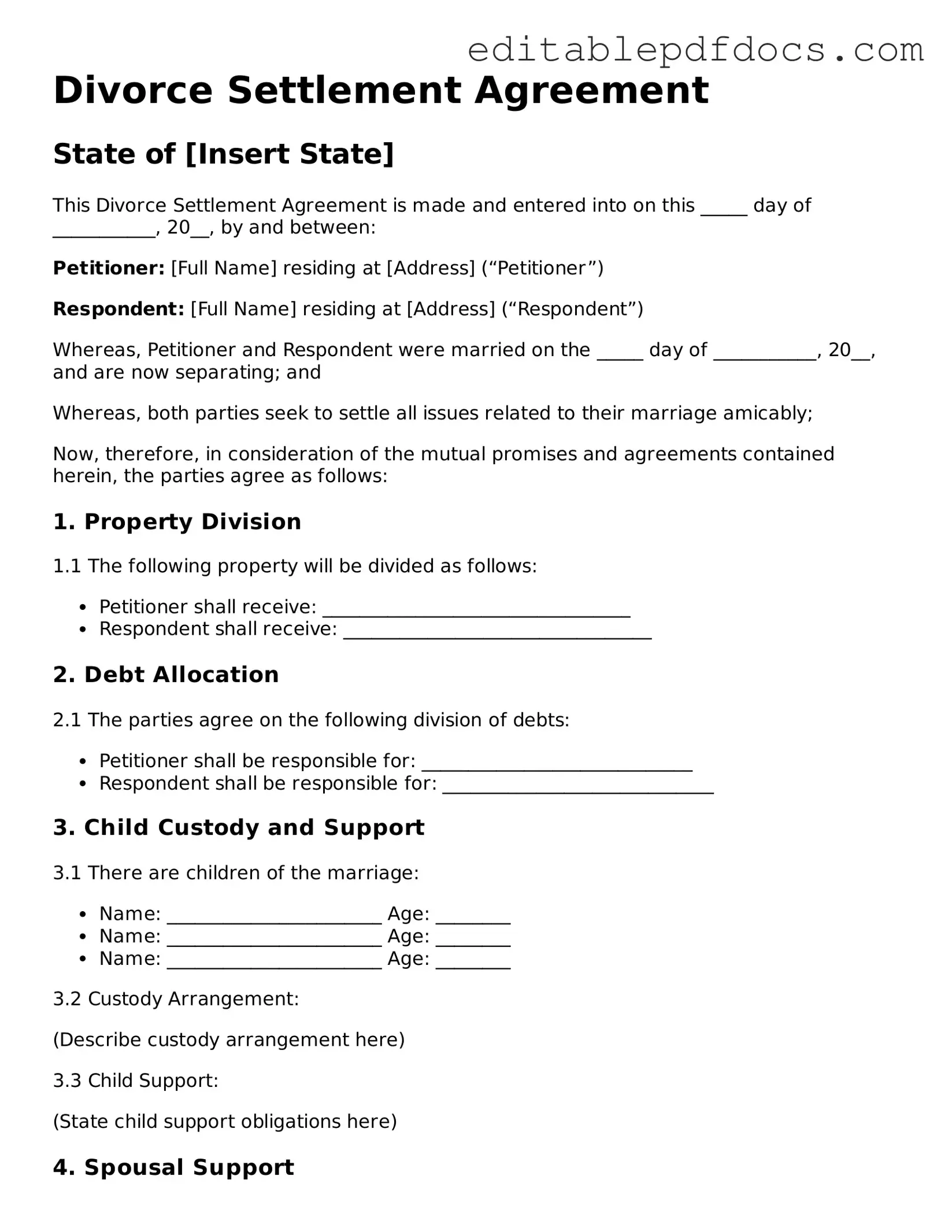 Free Divorce Settlement Agreement Document