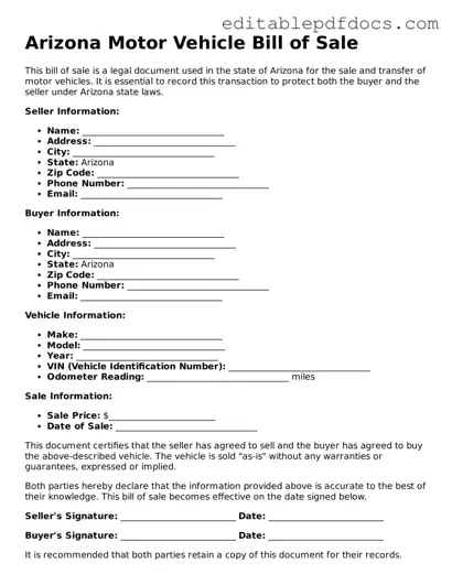  Motor Vehicle Bill of Sale Document for Arizona