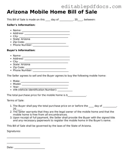  Mobile Home Bill of Sale Document for Arizona