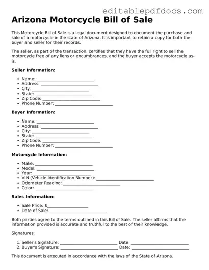  Motorcycle Bill of Sale Document for Arizona