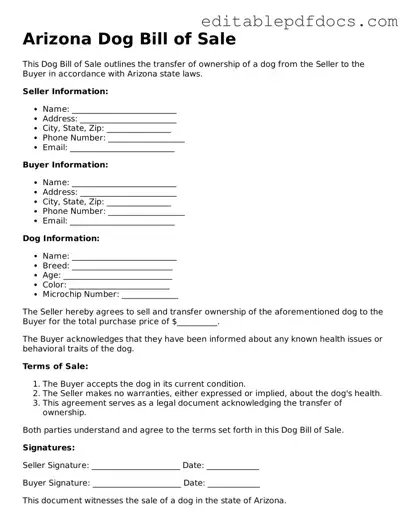  Dog Bill of Sale Document for Arizona