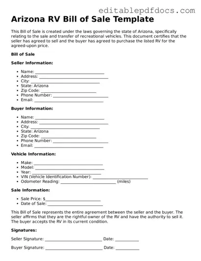  RV Bill of Sale Document for Arizona