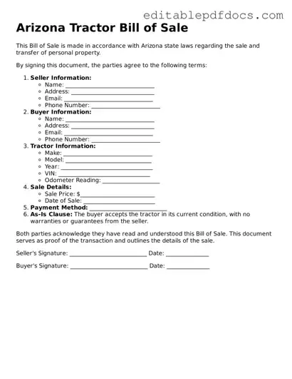  Tractor Bill of Sale Document for Arizona