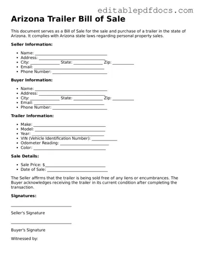  Trailer Bill of Sale Document for Arizona