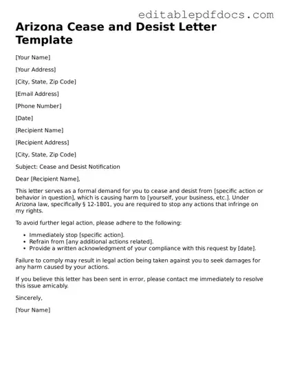  Cease and Desist Letter Document for Arizona