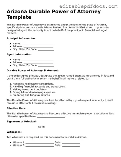  Durable Power of Attorney Document for Arizona
