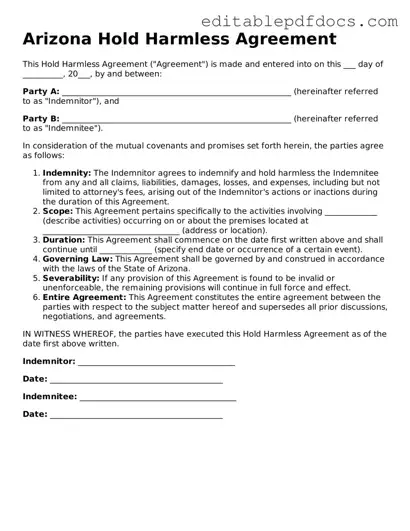  Hold Harmless Agreement Document for Arizona