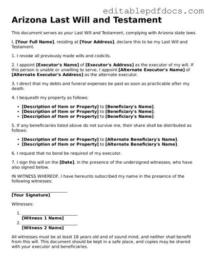  Last Will and Testament Document for Arizona