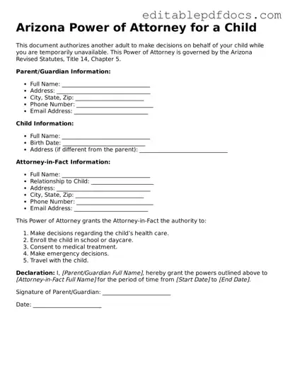  Power of Attorney for a Child Document for Arizona