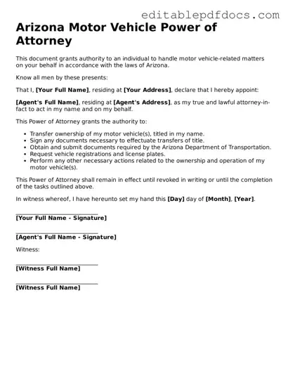  Motor Vehicle Power of Attorney Document for Arizona