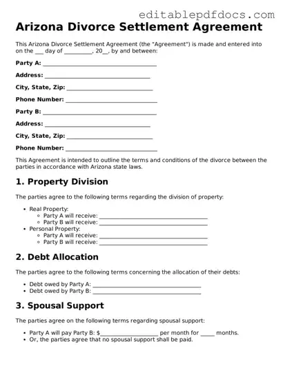  Divorce Settlement Agreement Document for Arizona