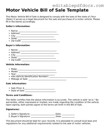 Free Motor Vehicle Bill of Sale Document