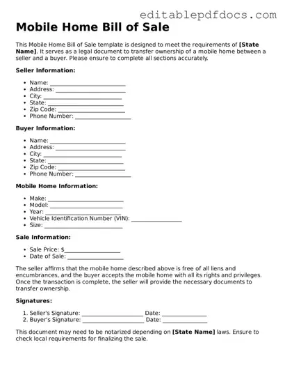 Free Mobile Home Bill of Sale Document