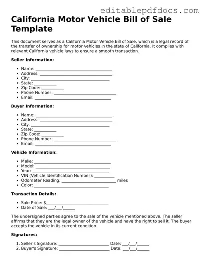  Motor Vehicle Bill of Sale Document for California
