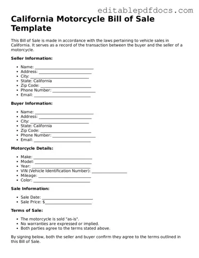  Motorcycle Bill of Sale Document for California