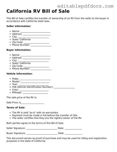  RV Bill of Sale Document for California