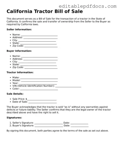  Tractor Bill of Sale Document for California