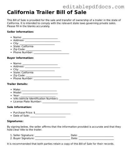  Trailer Bill of Sale Document for California