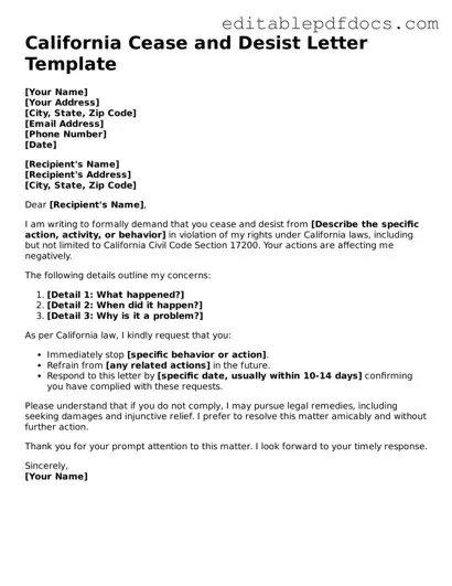  Cease and Desist Letter Document for California