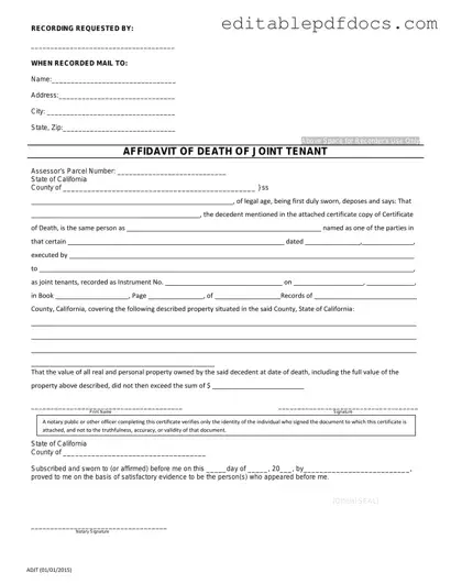 Fill a Valid California Death of a Joint Tenant Affidavit Template