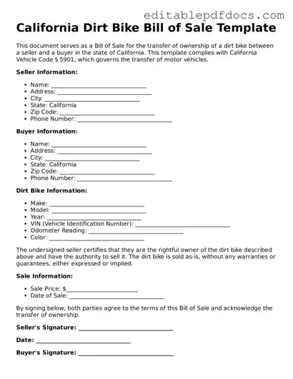  Dirt Bike Bill of Sale Document for California
