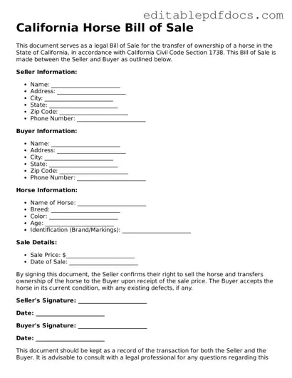  Horse Bill of Sale Document for California