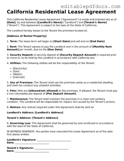 Residential Lease Agreement Document for California