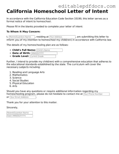  Homeschool Letter of Intent Document for California