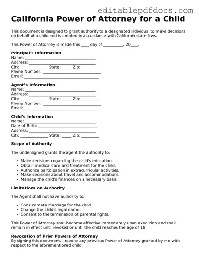  Power of Attorney for a Child Document for California