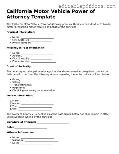  Motor Vehicle Power of Attorney Document for California