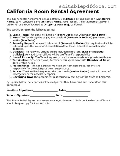  Room Rental Agreement Document for California