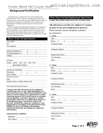 Fill a Valid Cracker Barrel Background Check Template