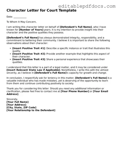Free Character Letter for Court Document