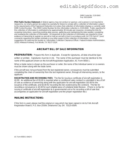 Fill a Valid Aircraft Bill of Sale AC 8050-2 Template