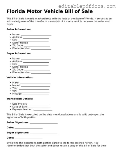  Motor Vehicle Bill of Sale Document for Florida