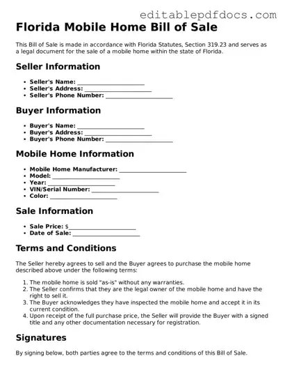  Mobile Home Bill of Sale Document for Florida