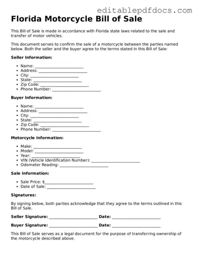  Motorcycle Bill of Sale Document for Florida