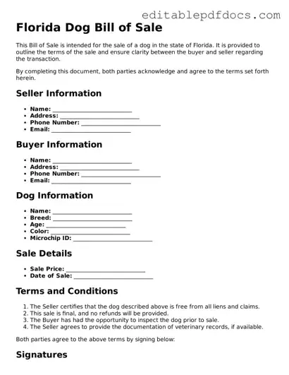  Dog Bill of Sale Document for Florida