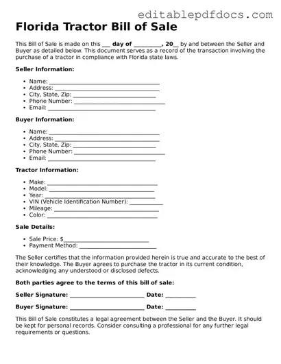  Tractor Bill of Sale Document for Florida