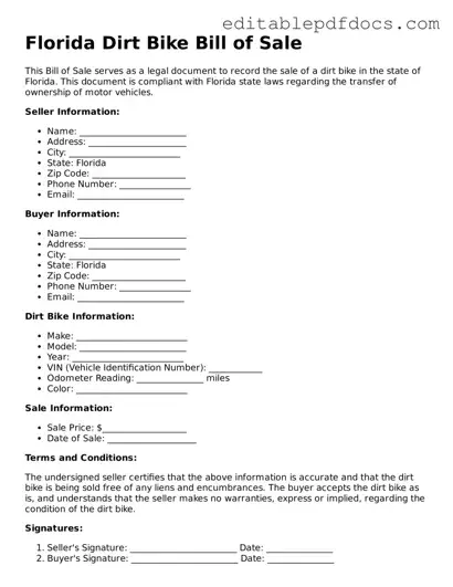 Dirt Bike Bill of Sale Document for Florida
