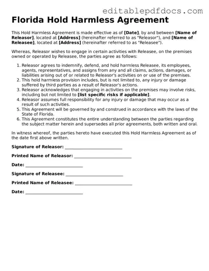  Hold Harmless Agreement Document for Florida