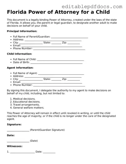  Power of Attorney for a Child Document for Florida