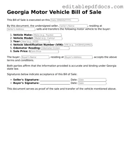  Motor Vehicle Bill of Sale Document for Georgia