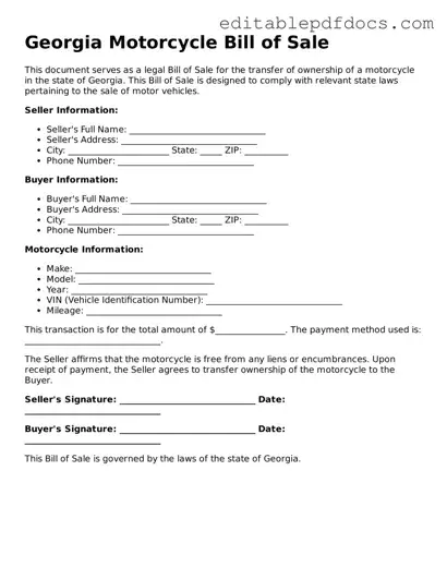  Motorcycle Bill of Sale Document for Georgia
