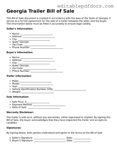  Trailer Bill of Sale Document for Georgia
