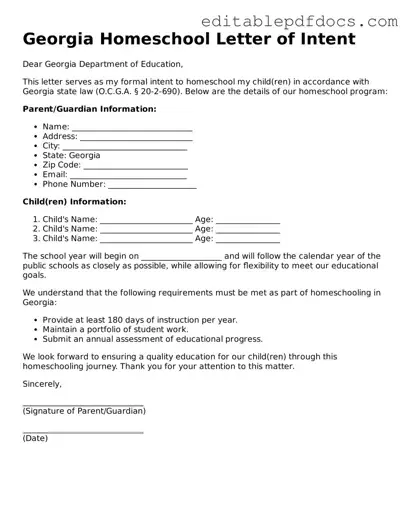  Homeschool Letter of Intent Document for Georgia