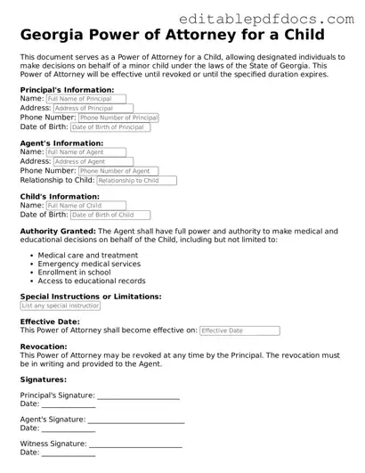  Power of Attorney for a Child Document for Georgia